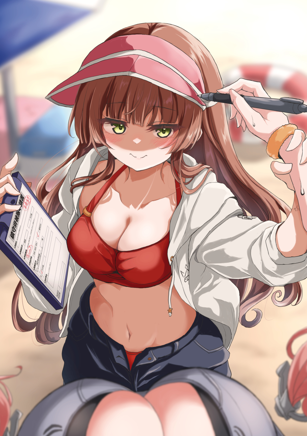 2girls, atlanta_(kancolle), atlanta_(swimsuit)_(kancolle), bikini, bikini_under_clothes, blue_shorts, blurry, breasts