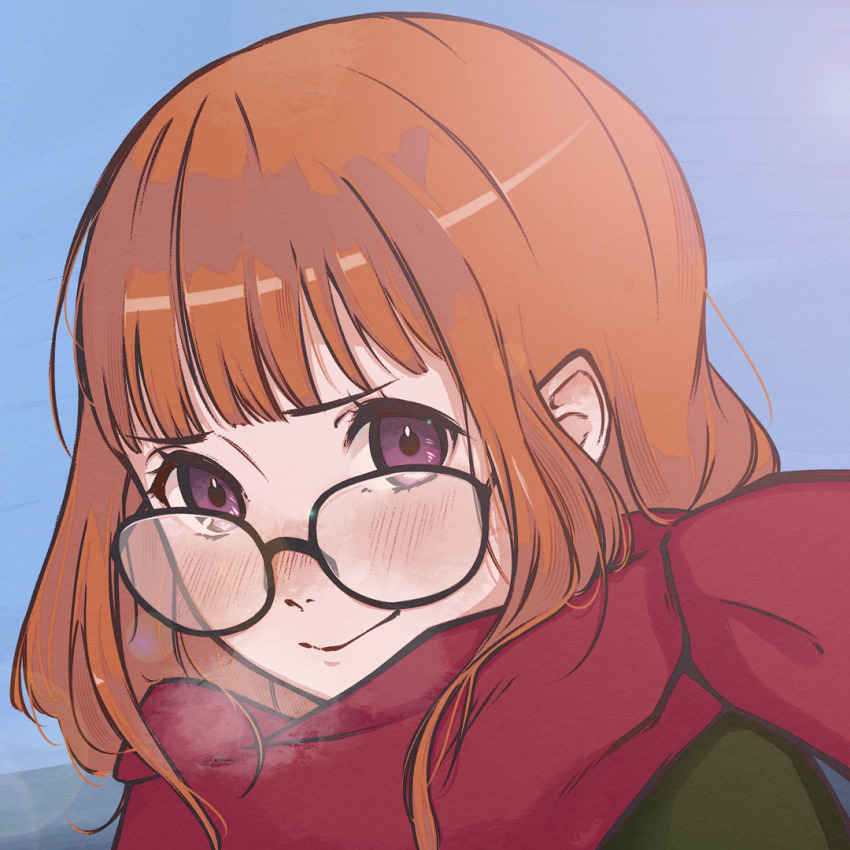 1girl, alternate_costume, black-framed_eyewear, blue_background, blush, breath, closed_mouth, commentary