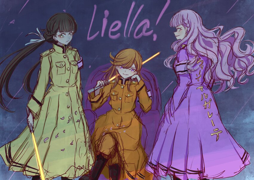 >:), 3girls, :/, absurdres, alt_text, armband, blunt_bangs, braid