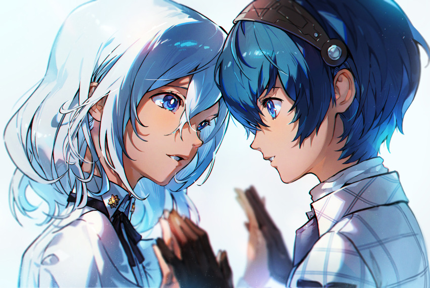 2boys, absurdres, aqua_hair, black_gloves, black_hairband, black_ribbon, blue_eyes, blue_hair
