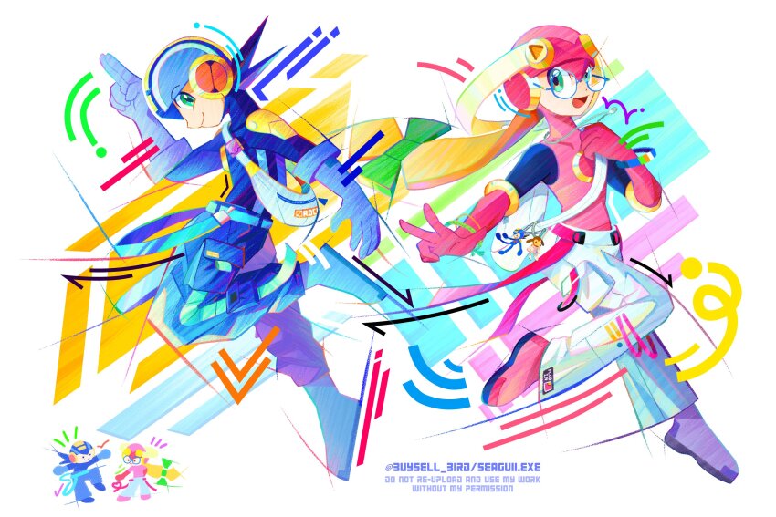 1boy, 1girl, alternate_costume, black_bodysuit, blonde_hair, blue_bodysuit, blue_helmet, blue_pants