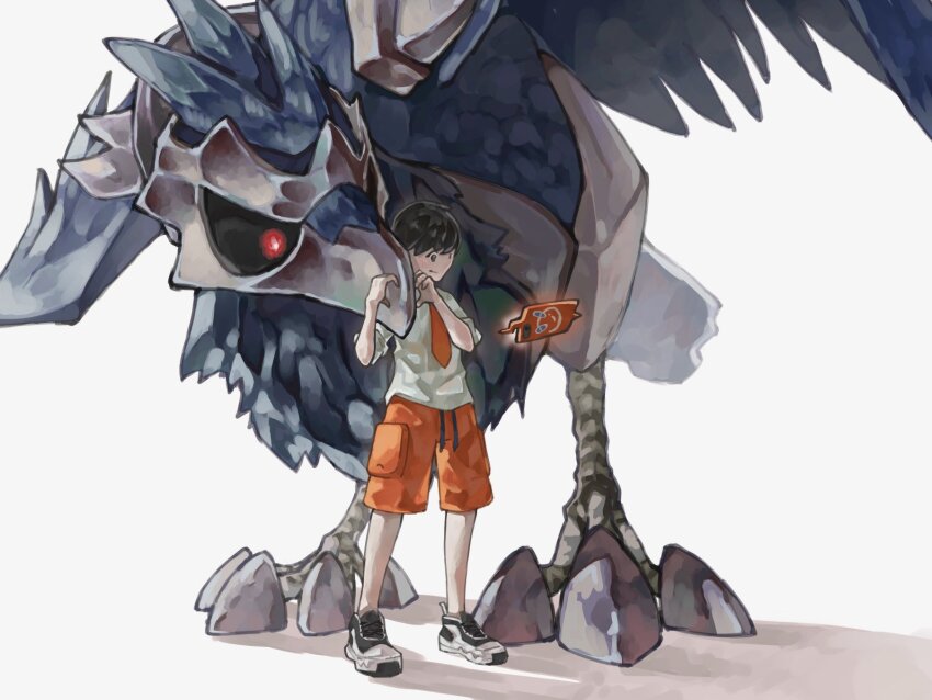 1boy, beak, bird, black_feathers, black_sclera, cellphone, colored_sclera, commentary_request