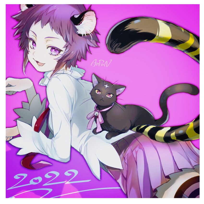 1girl, animal_ears, aopon16, black_cat, cat, cat_ears, cat_girl, cat_on_person, cat_tail, d.gray-man, facial_mark, fangs, forehead_mark, highres, looking_at_animal, looking_back, lulu_bell, lying, miniskirt, on_stomach, open_mouth, pink_ribbon, purple_background, purple_eyes, purple_hair, purple_skirt, purple_thighhighs, red_ribbon, ribbon, road_kamelot, sharp_teeth, shirt, short_hair, sidelocks, signature, skirt, smile, solo, striped_clothes, striped_thighhighs, tail, teeth, thighhighs, thighs, white_shirt, zettai_ryouiki