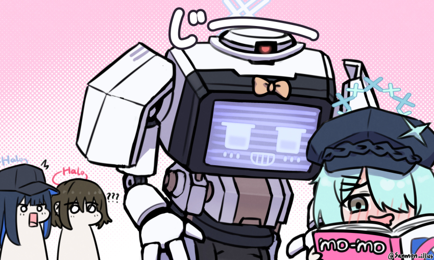 3girls, ?, ??, aqua_eyes, aqua_hair, arius_squad_(blue_archive), atsuko's_grin_(meme), atsuko_(blue_archive)