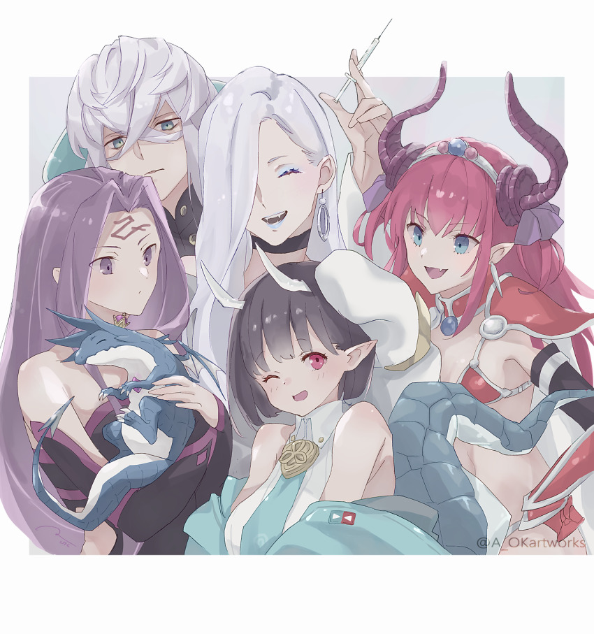 1boy, 4girls, aopix_001, armor, asclepius_(fate), asclepius_(third_ascension)_(fate), bare_shoulders, bikini_armor