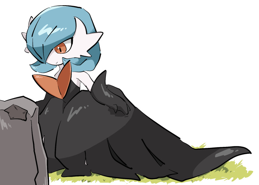 1girl, aged_down, alternate_color, bare_shoulders, black_dress, black_gloves, blue_hair, bob_cut, child, closed_mouth, colored_skin, dress, elbow_gloves, female_focus, flat_chest, gardevoir, gen_3_pokemon, gloves, grass, hair_over_one_eye, happy, highres, long_dress, looking_down, mega_gardevoir, mega_pokemon, nintendo, o_o_(pixiv_91006494), one_eye_covered, orange_eyes, outdoors, pokemon, pokemon_(creature), rock, shiny_pokemon, short_hair, simple_background, smile, solo, strapless, strapless_dress, white_background, white_skin