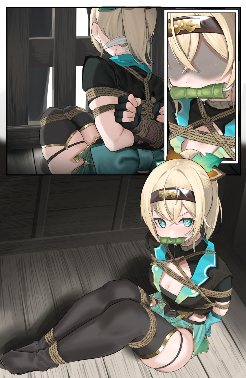 1girl, absurdres, adapted_costume, ahoge, angry, arms_behind_back, bamboo, bamboo_gag