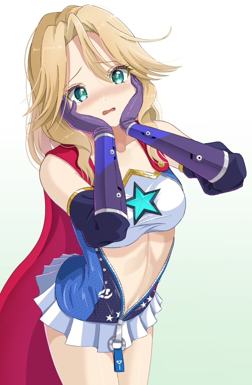 1girl, blonde_hair, blue_eyes, blush, breasts, cape, carole_reaper, embarrassed, heaven_burns_red, highres, large_breasts, long_hair, mochimugi_rice, navel, parted_bangs, red_cape, solo