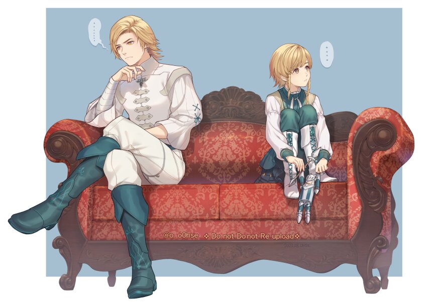 ..., 2boys, blonde_hair, boots, border, braid, braided_sidelock, brothers, child, couch, dion_lesage, final_fantasy, final_fantasy_xvi, green_footwear, green_pants, half-siblings, highres, holding, holding_toy, multiple_boys, ohse, olivier_lesage, on_couch, outside_border, pants, siblings, toy, white_border, white_footwear, white_pants, yellow_eyes