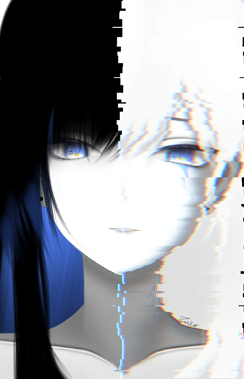 1girl, absurdres, black_hair, blue_hair, colored_inner_hair, ear_piercing, greyscale, highres, long_hair, monochrome, multicolored_hair, parted_lips, partially_colored, piercing, punishing:_gray_raven, selena:_pianissimo_(pgr), selena_(pgr), signature, split_theme, tagme, white_hair, zeroxius