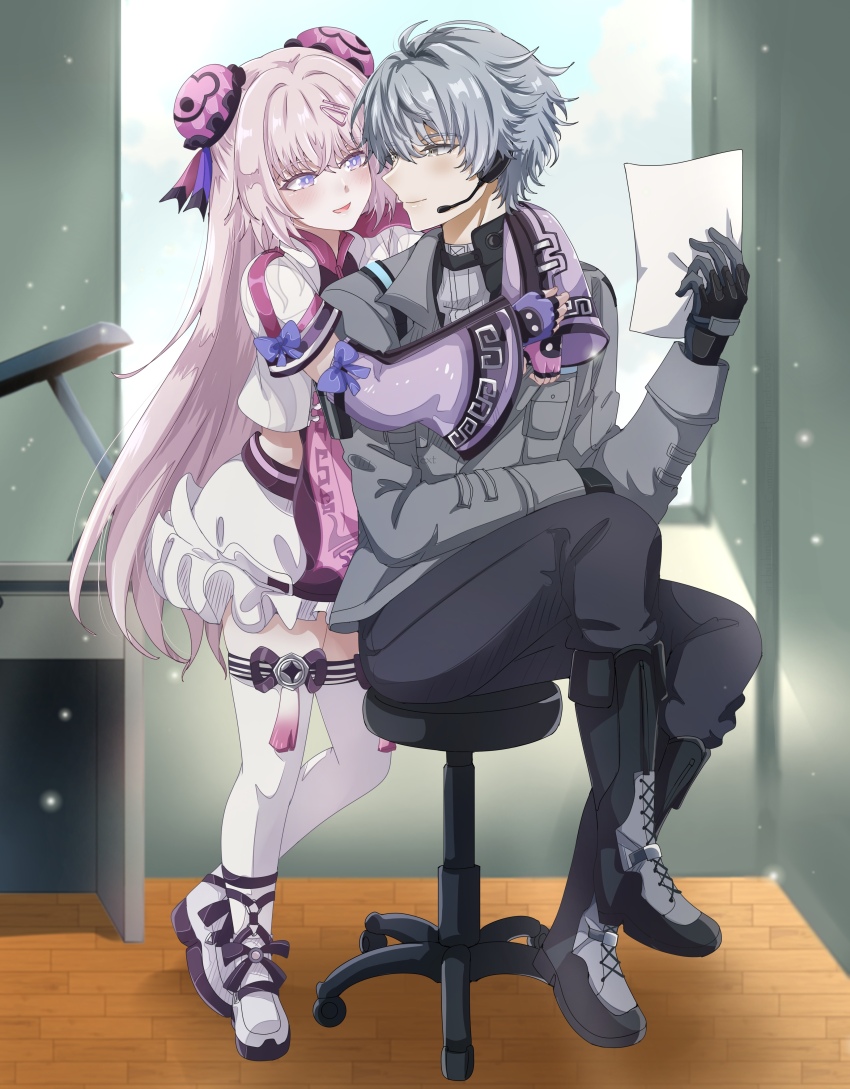 1boy, 1girl, absurdres, black_gloves, black_pants, blue_eyes, commandant_(pgr), commentary, commission, crossed_bangs, detached_sleeves, double_bun, english_commentary, gloves, grey_hair, grey_jacket, hair_between_eyes, hair_bun, hair_intakes, highres, hina1103, hug, hug_from_behind, jacket, long_hair, long_sleeves, midriff, multicolored_eyes, official_alternate_costume, pants, pink_eyes, pink_hair, punishing:_gray_raven, short_hair, sidelocks, skirt, teddy:_decryptor_(blush_of_daybreak)_(pgr), teddy:_decryptor_(pgr), teddy_(pgr), thighhighs, two-tone_eyes, very_long_hair, white_skirt, white_thighhighs
