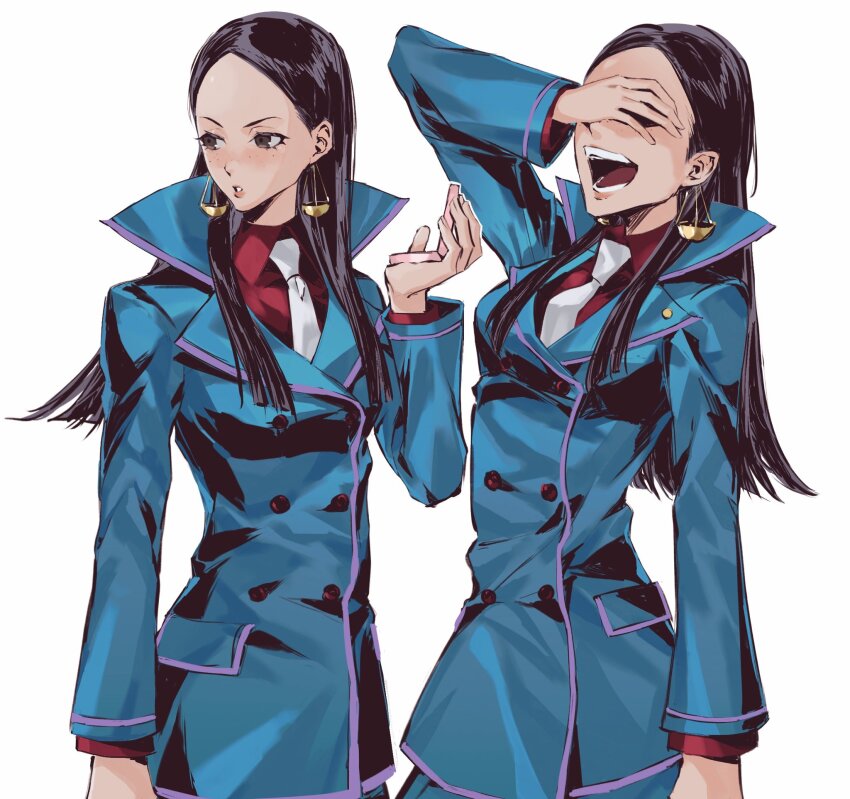 1girl, ace_attorney, ace_attorney_investigations, ace_attorney_investigations:_miles_edgeworth, arm_up, black_hair, blue_jacket, brown_eyes, buttons, calisto_yew, collared_shirt, double-breasted, earrings, forehead, freckles, hand_over_eye, hand_up, highres, holding_makeup_palette, jacket, jewelry, lapel_pin, lips, long_hair, multiple_views, necktie, red_shirt, richost, shirt, simple_background, white_background, white_necktie
