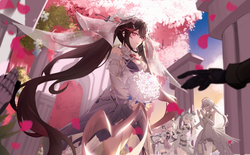 1boy, 4girls, animal_ears, bouquet, braid, bridal_veil, brown_hair, commandant_(pgr), detached_sleeves, dress, fake_animal_ears, flower, grey_dress, halo, highres, holding, holding_bouquet, idol, karenina:_scire_(neon_dynamite)_(pgr), karenina:_scire_(pgr), karenina_(pgr), liv:_empyrea_(wings_of_dawn)_(pgr), liv_(pgr), long_hair, lucia:_pyroath_(love's_dawn)_(pgr), lucia_(pgr), mechanical_halo, multicolored_hair, multiple_girls, panluo, pink_hair, punishing:_gray_raven, red_eyes, see-through_clothes, see-through_veil, streaked_hair, teddy:_decryptor_(blush_of_daybreak)_(pgr), teddy:_decryptor_(pgr), teddy_(pgr), twintails, veil, very_long_hair, white_hair