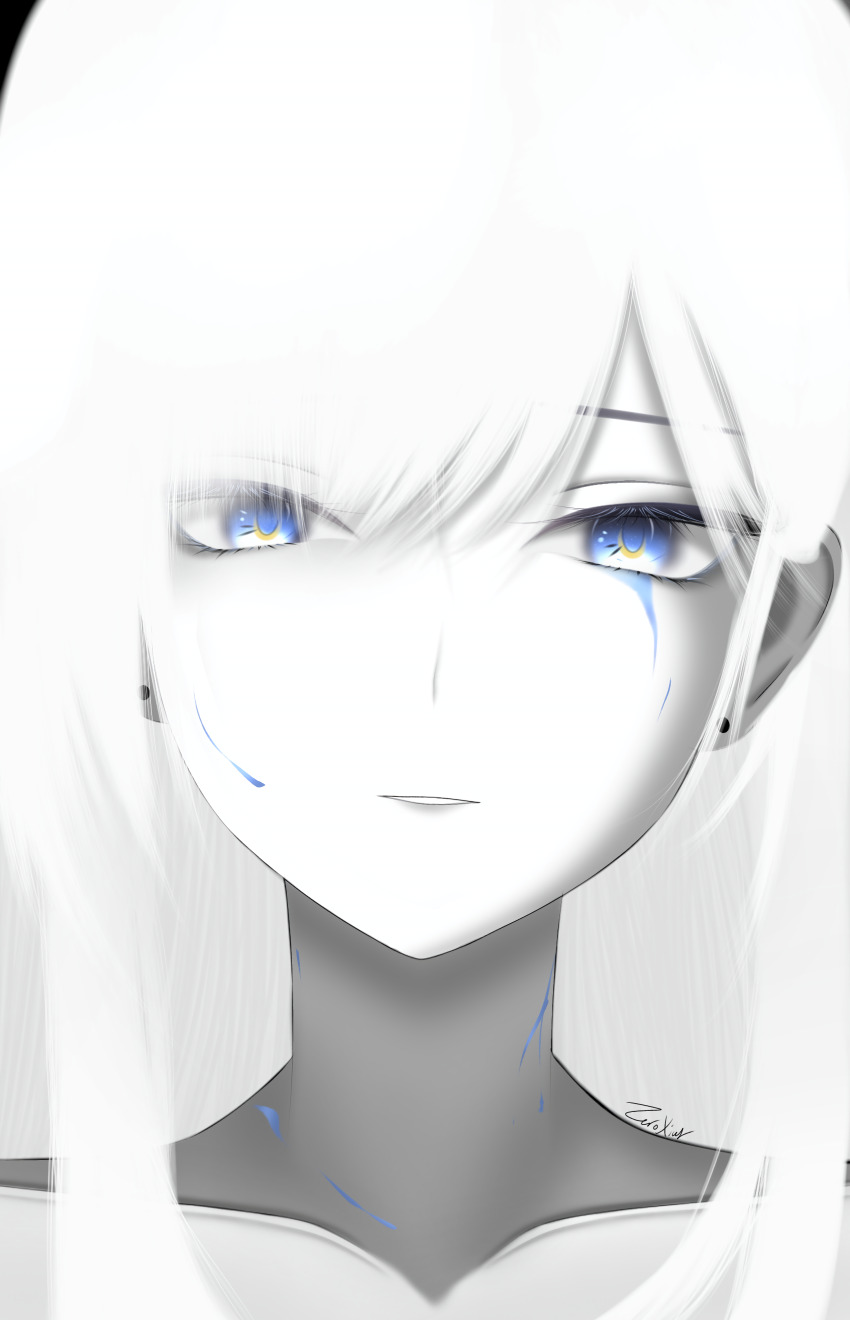 1girl, absurdres, asymmetrical_bangs, cracked_skin, highres, long_sidelocks, looking_at_viewer, multicolored_eyes, parted_lips, punishing:_gray_raven, selena:_pianissimo_(pgr), selena_(pgr), sidelocks, signature, solo, zeroxius