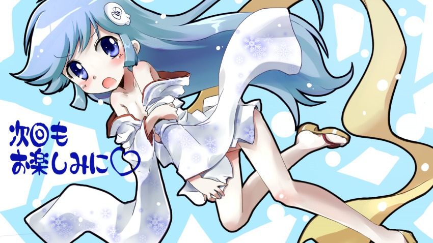 1girl, aqua_hair, blue_eyes, dororon_enma-kun, female_focus, japanese_clothes, kimono, long_hair, no_panties, open_mouth, sandals, solo, yugi_(magical-dreamer), yukiko_hime, zouri