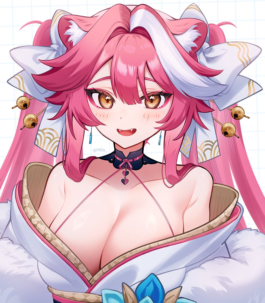 1girl, animal_ears, armpit_crease, bare_shoulders, black_choker, blush, bow, breasts