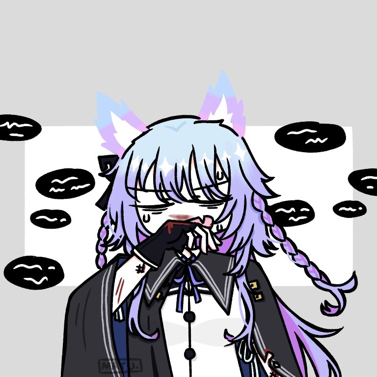 1girl, animal_ears, arm_at_side, assault_lily, black_bow, black_cloak, black_gloves, black_sailor_collar, blood, blood_on_arm, blood_on_clothes, blood_on_hands, blue_hair, bow, braid, cloak, closed_eyes, commentary_request, cuts, facing_viewer, fang, fox_ears, gloves, gradient_hair, grey_background, hair_bow, hand_up, injury, kemonomimi_mode, long_hair, mayu_(yu_e1602), mori_tatsuki, multicolored_hair, neck_ribbon, nosebleed, open_mouth, purple_hair, purple_ribbon, ribbon, sailor_collar, shirt, short_hair, skin_fang, solo, sweat, torn_cloak, torn_clothes, twin_braids, two-tone_background, two-tone_hair, upper_body, v-shaped_eyebrows, white_background, white_shirt, wiping_blood, wiping_nose