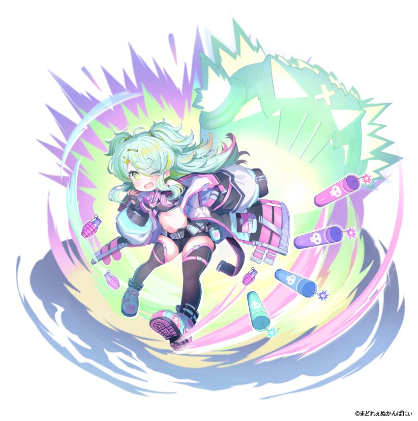 1girl, ahoge, belt, black_belt, black_choker, black_gloves, black_shirt, black_shorts