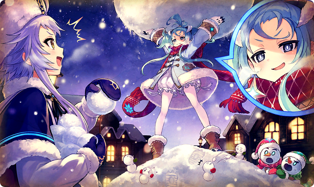 2girls, ^^^, aqua_hair, black_ribbon, bloomers, boots, brown_boots, carrying, coat, commentary, eye_contact, gloves, ishuna_(ta_ga_tame_no_alchemist), lamppost, long_sleeves, looking_at_another, multiple_girls, neck_ribbon, night, official_alternate_costume, official_art, open_mouth, outdoors, purple_hair, red_scarf, ribbon, rochelle_(ta_ga_tame_no_alchemist), scarf, sky, smile, snowing, snowman, spoken_character, standing, ta_ga_tame_no_alchemist, third-party_source, underwear, v-shaped_eyebrows, winter_clothes, winter_coat, yellow_eyes