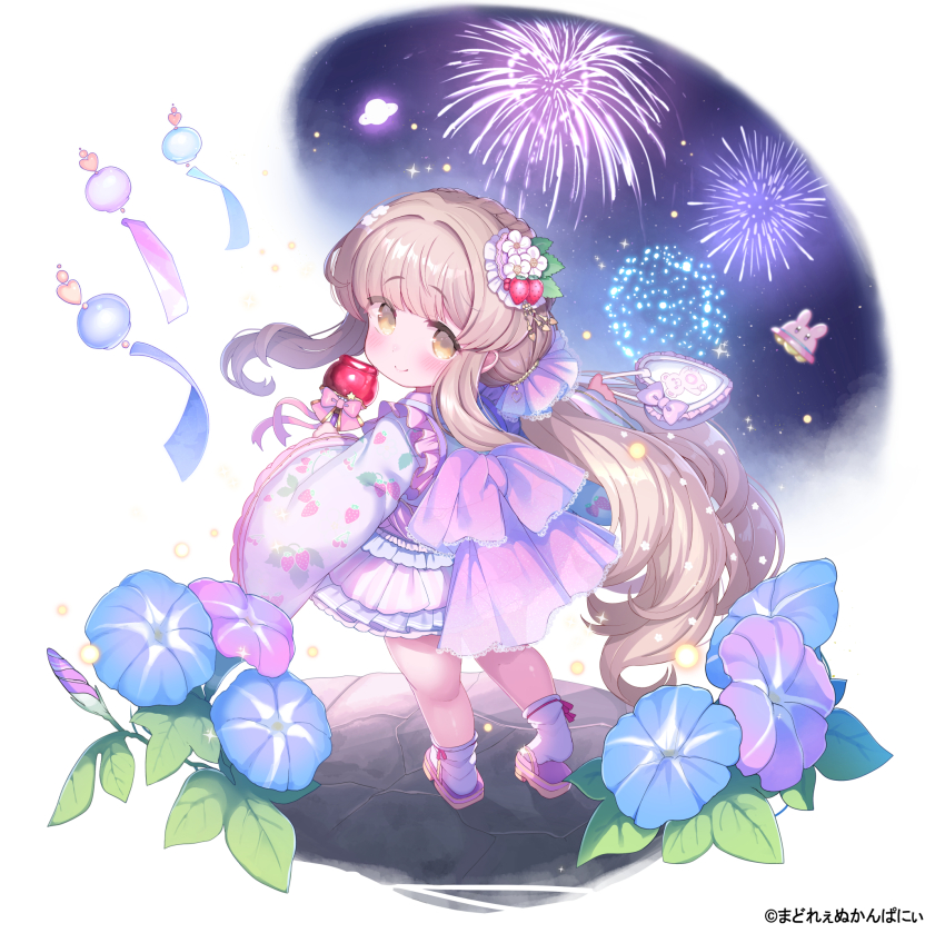 1girl, aerial_fireworks, back_bow, bag, blush, bow, brown_hair, candy_apple