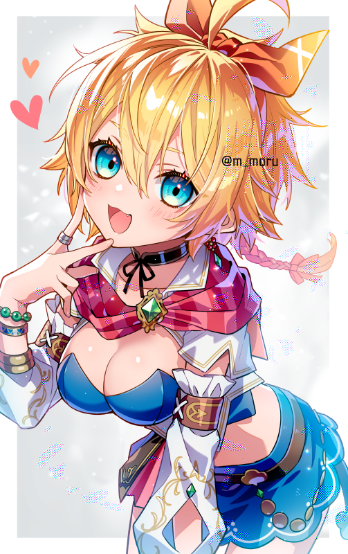 1girl, :3, :d, ahoge, black_choker, blonde_hair, blue_corset, blue_eyes