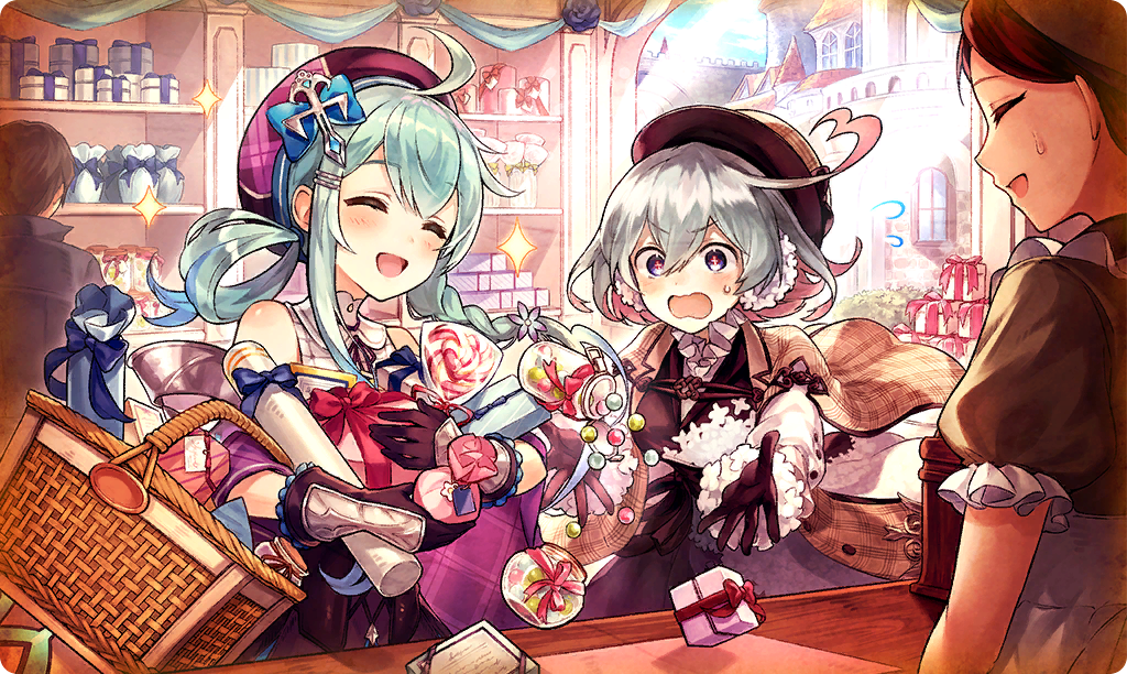 1boy, 3girls, :d, ^_^, ahoge, bag, blue_bow, blue_sky, bow, box, braid, candy, closed_eyes, cloud, colored_inner_hair, commentary, day, food, gift, gift_box, gloves, grey_hair, hair_bow, hat, holding, holding_bag, holding_gift, indoors, lollipop, long_hair, moa_(ta_ga_tame_no_alchemist), multicolored_hair, multiple_girls, official_art, open_mouth, pink_hair, plumeria_(ta_ga_tame_no_alchemist), purple_hat, short_hair, single_braid, sky, sleeveless, smile, sparkle, standing, sweatdrop, swirl_lollipop, ta_ga_tame_no_alchemist, third-party_source, v-shaped_eyebrows, wavy_mouth