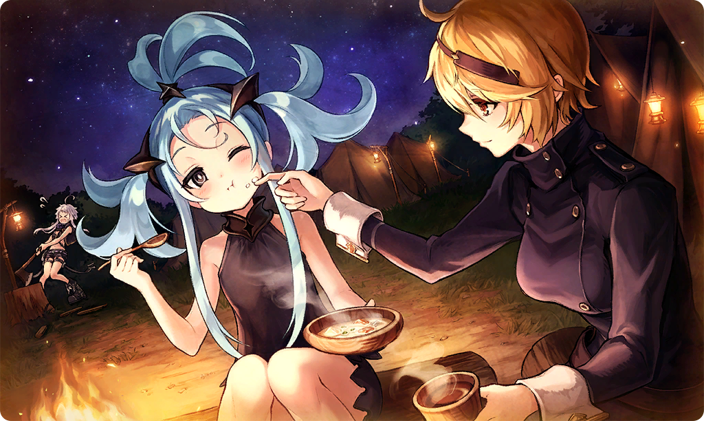 3girls, :t, aqua_hair, black_dress, blonde_hair, bonfire, closed_mouth, commentary