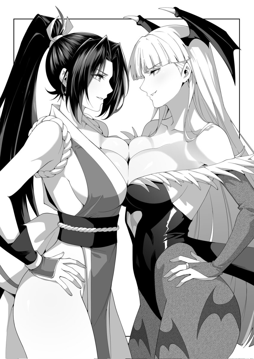 2girls, armpit_peek, bare_shoulders, bat_wings, black872233196, breast_press, breasts, capcom, cleavage, covered_navel, crossover, darkstalkers, demon_girl, face-to-face, fatal_fury, female_focus, fingerless_gloves, from_side, gloves, hands_on_own_hips, head_wings, highleg, highleg_leotard, highres, japanese_clothes, legs, leotard, long_hair, looking_at_another, monochrome, morrigan_aensland, multiple_girls, pantyhose, parted_lips, pelvic_curtain, ponytail, shiranui_mai, sideboob, smile, snk, symmetrical_docking, the_king_of_fighters, thick_thighs, thighs, wings
