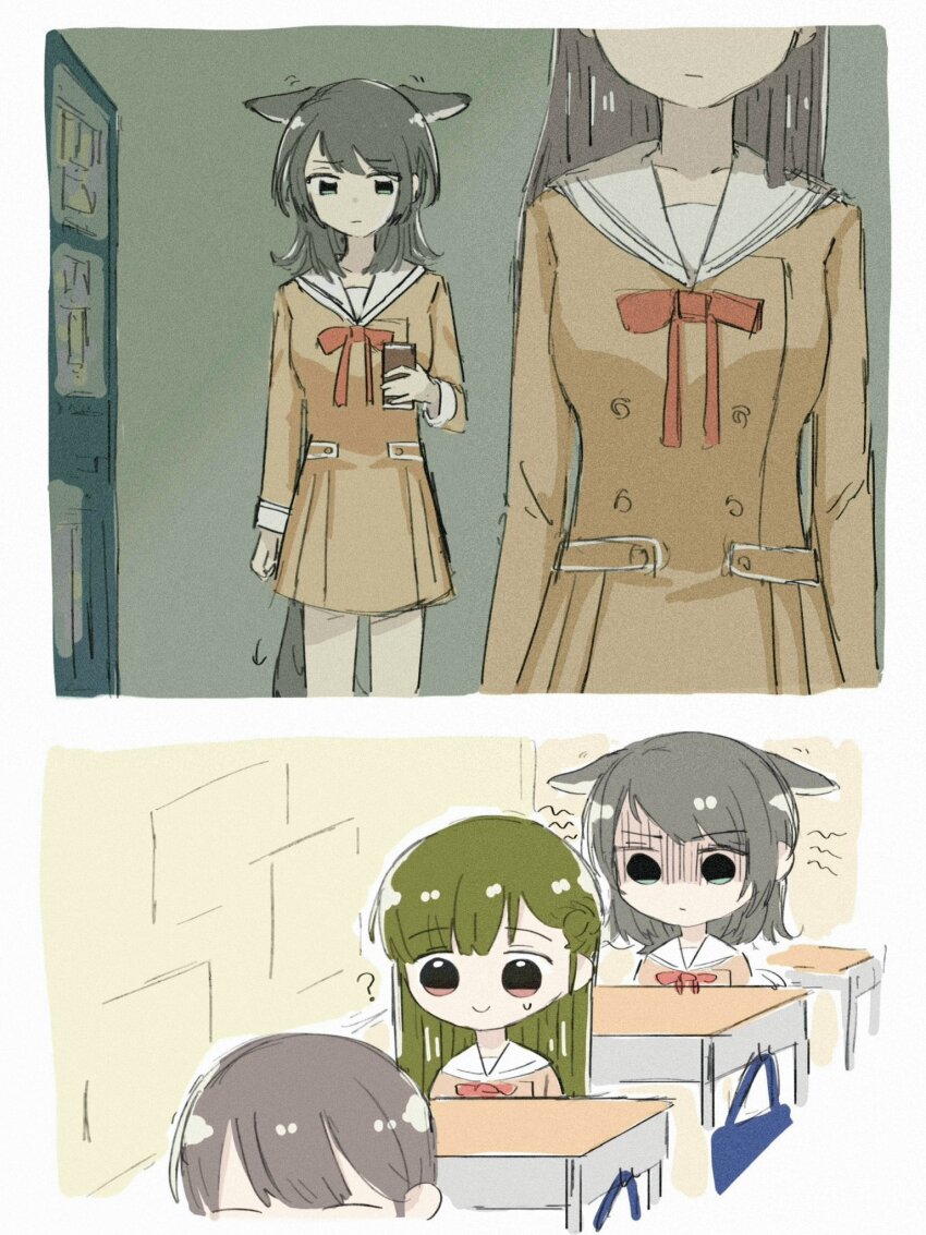 3girls, animal_ears, bang_dream!, bang_dream!_it's_mygo!!!!!, black_hair, can, canned_coffee, commentary_request