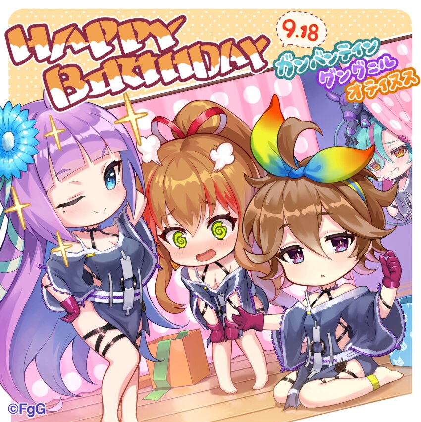 4girls, ;), @_@, ahoge, alternate_costume, blue_eyes, brown_hair, character_name