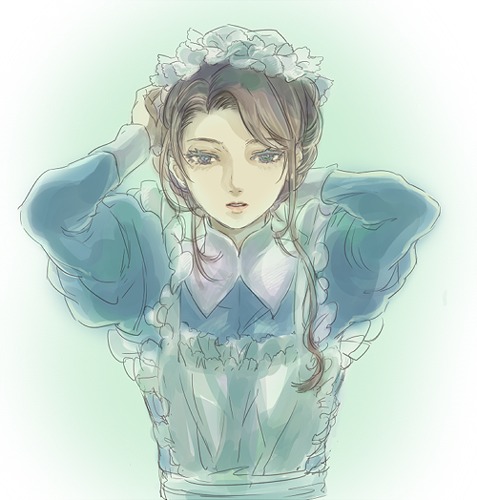 00s, 1girl, adjusting_hair, apron, emma, emma_(victorian_romance_emma), female_focus, hair_up