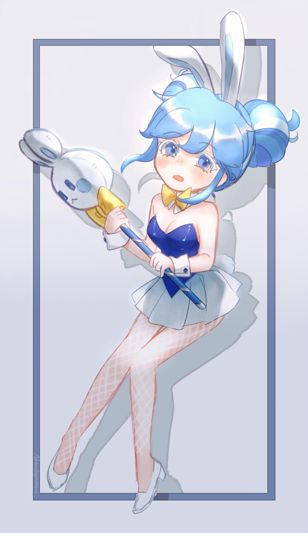 1girl, animal_ears, animification, blue_dress, blue_eyes, blue_hair, blush, bow