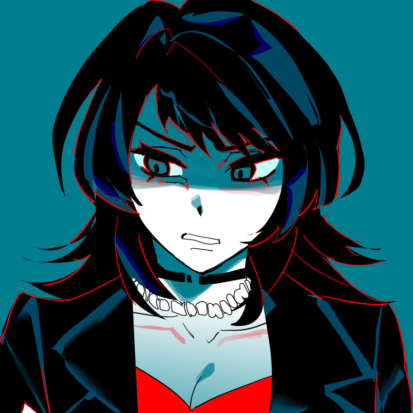 1girl, absurdres, bang_dream!, bang_dream!_it's_mygo!!!!!, blue_background, breasts, choker, cleavage