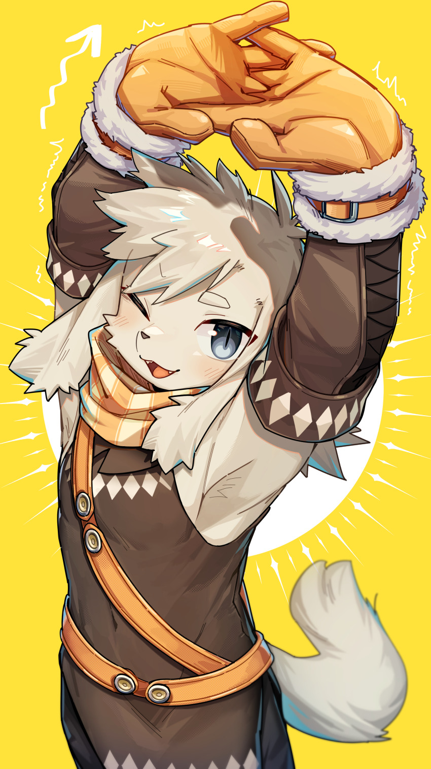 1boy, absurdres, animal_ears, armpits, arrow_(symbol), blue_eyes, covered_navel, detached_sleeves