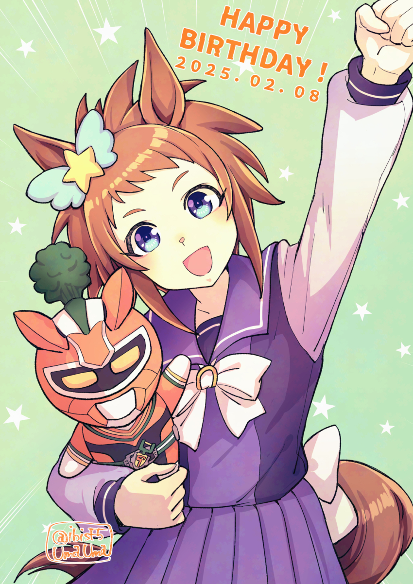 1girl, adversarial_noise, animal_ears, arm_up, biko_pegasus_(umamusume), blue_eyes, bow, bowtie, brown_hair, carrotman_(umamusume), clenched_hand, dated, doll, ear_bow, emphasis_lines, happy_birthday, head_tilt, hi_(ibisf5umauma), highres, holding, holding_doll, horse_ears, horse_girl, horse_tail, long_sleeves, open_mouth, purple_shirt, purple_skirt, shirt, short_hair, skirt, smile, solo, star_(symbol), tail, twitter_username, umamusume, upper_body