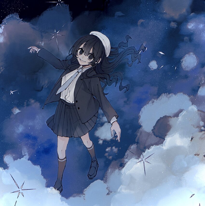 1girl, beret, black_eyes, black_hair, black_jacket, cloud, empty_eyes, hair_between_eyes
