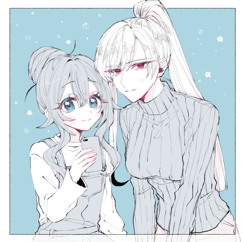 2girls, blue_background, blue_eyes, closed_mouth, eiai_nano, hair_between_eyes, hair_bun, highres, holding, holding_phone, kimi_no_koto_ga_dai_dai_dai_dai_daisuki_na_100-nin_no_kanojo, long_hair, long_sleeves, looking_at_viewer, multiple_girls, overalls, phone, ponytail, qu_qu71, smile, yoshimoto_shizuka