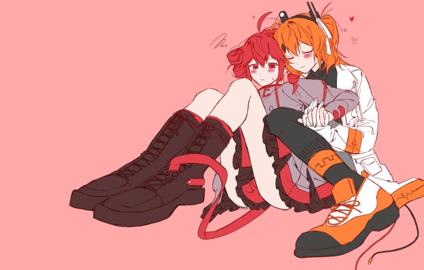 2girls, belt, black_boots, black_shirt, black_skirt, blush, boots, buttons