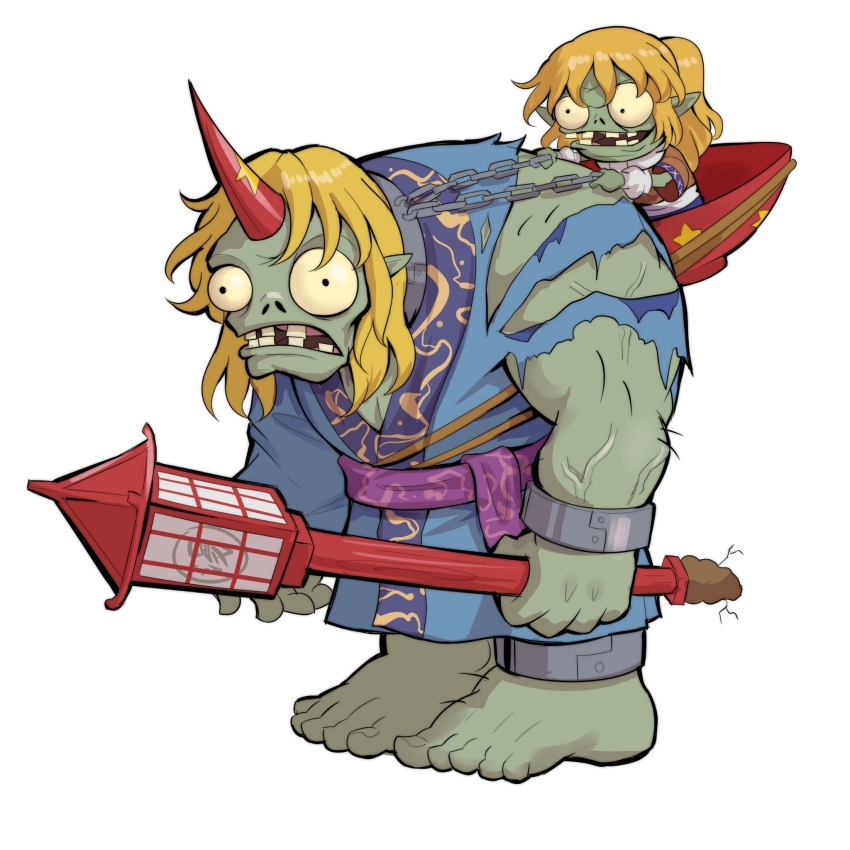 2girls, blonde_hair, blue_kimono, chain, commentary, cup, edz_drawz, english_commentary, full_body, gargantuar, highres, horns, hoshiguma_yuugi, japanese_clothes, kimono, lantern, mizuhashi_parsee, multiple_girls, muscular, muscular_female, plants_vs._zombies, sakazuki, short_hair, simple_background, single_horn, star_(symbol), teeth, touhou, white_background, zombie