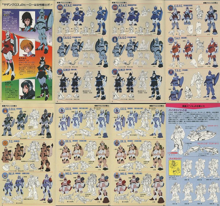 1980s_(style), 3girls, alien, armor, atac, backpack, bag, bioroid