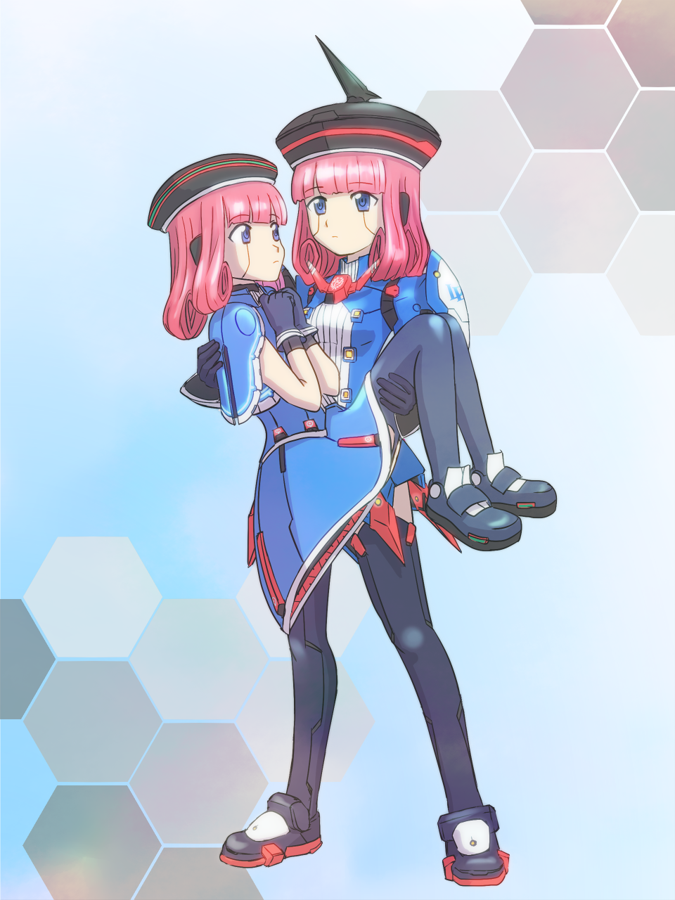 2girls, android, black_gloves, black_legwear, blue_background, blue_eyes, blue_skirt, bow, carrying, clone, crossover, curly_hair, dress, dual_persona, expressionless, frown, full_body, gloves, hat, height_difference, highres, honeycomb_(pattern), honeycomb_background, honeycomb_pattern, looking_at_another, lou, lou_(phantasy_star), mary_janes, migo, multiple_girls, pantyhose, phantasy_star, phantasy_star_portable_2, phantasy_star_universe, pink_hair, princess_carry, puffy_sleeves, robot_ears, science_fiction, shoes, short_hair, short_sleeves, shoulder_pads, skirt, standing, thighhighs