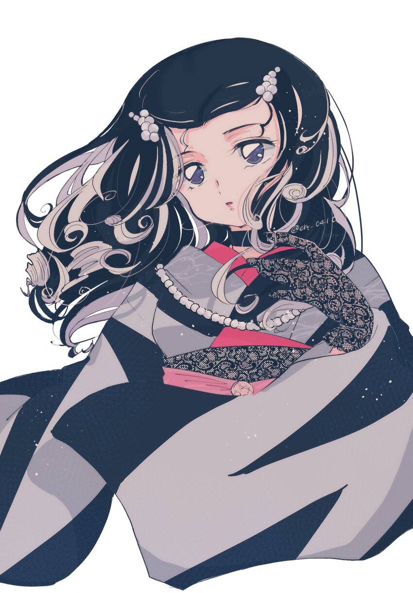 1girl, absurdres, artist_name, black_choker, black_gloves, black_hair, black_kimono, choker