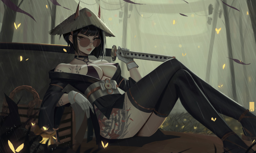 1girl, arm_tattoo, black_bra, black_choker, black_hair, black_kimono, black_thighhighs, blurry