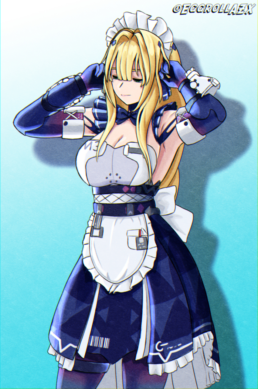 1girl, absurdres, apron, artist_name, bianca:_veritas_(pact_of_zero)_(pgr), bianca_(pgr), black_bow, black_bowtie, black_dress, blonde_hair, bow, bowtie, breasts, cleavage, closed_eyes, closed_mouth, dress, eggroll_(eggrollazx), highres, large_breasts, long_hair, maid, maid_headdress, mechanical_arms, punishing:_gray_raven, sidelocks, solo, waist_apron, white_apron, white_headdress