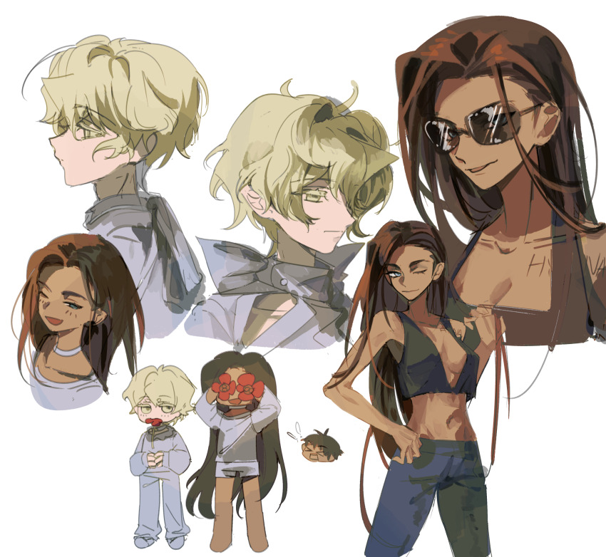 >_<, 1girl, 2boys, aged_down, alien_stage, back_bow, black_pants, black_tank_top, blonde_hair, bow, breasts, chest_tattoo, choker, colored_eyelashes, crop_top, dark-skinned_female, dark-skinned_male, dark_skin, flower, flower_in_mouth, flower_over_eyes, grey_eyes, hand_in_own_hair, highres, hyuna_(alien_stage), hyunwoo_(alien_stage), long_hair, luka_(alien_stage), midriff, multiple_boys, multiple_views, navel, one_eye_closed, pants, plunging_neckline, shirt, short_hair, shorts, sunglasses, tank_top, tattoo, very_long_hair, white_bow, white_choker, white_pants, white_shirt, white_shorts, xian_qishui, yellow_eyes
