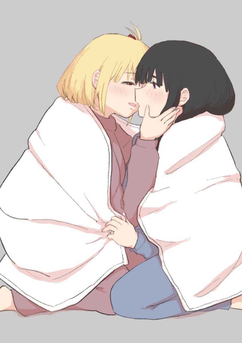 2girls, black_hair, blonde_hair, blue_pants, blue_shirt, blush, commentary, daimyo0208