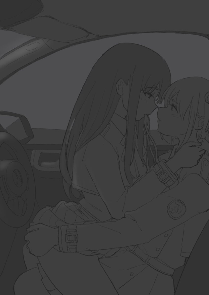 2girls, blush, car_interior, clothes_lift, commentary_request, daimyo0208, eye_contact, from_side, greyscale, highres, inoue_takina, long_hair, long_sleeves, looking_at_another, lycoris_recoil, lycoris_uniform, mercedes-benz, monochrome, mouth_hold, multiple_girls, nishikigi_chisato, profile, ribbon, ribbon_in_mouth, short_hair, sitting, sitting_on_lap, sitting_on_person, skirt, skirt_lift, steering_wheel, yuri