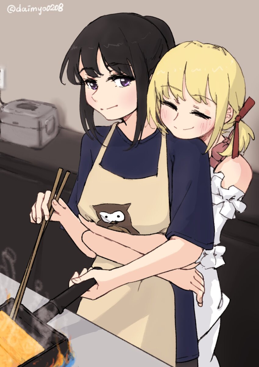 2girls, apron, black_hair, blonde_hair, blue_shirt, closed_eyes, closed_mouth, commentary