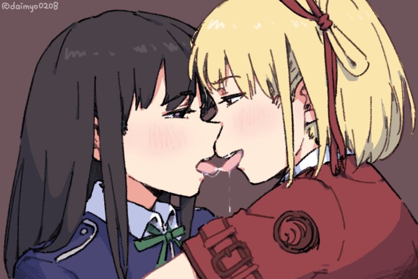 2girls, black_hair, blonde_hair, blue_dress, brown_background, commentary_request, daimyo0208, dress, eye_contact, french_kiss, hair_ribbon, highres, inoue_takina, kiss, long_hair, looking_at_another, lycoris_recoil, lycoris_uniform, multiple_girls, nishikigi_chisato, one_side_up, purple_eyes, red_dress, red_eyes, red_ribbon, ribbon, saliva, short_hair, short_sleeves, simple_background, tongue, tongue_out, yuri