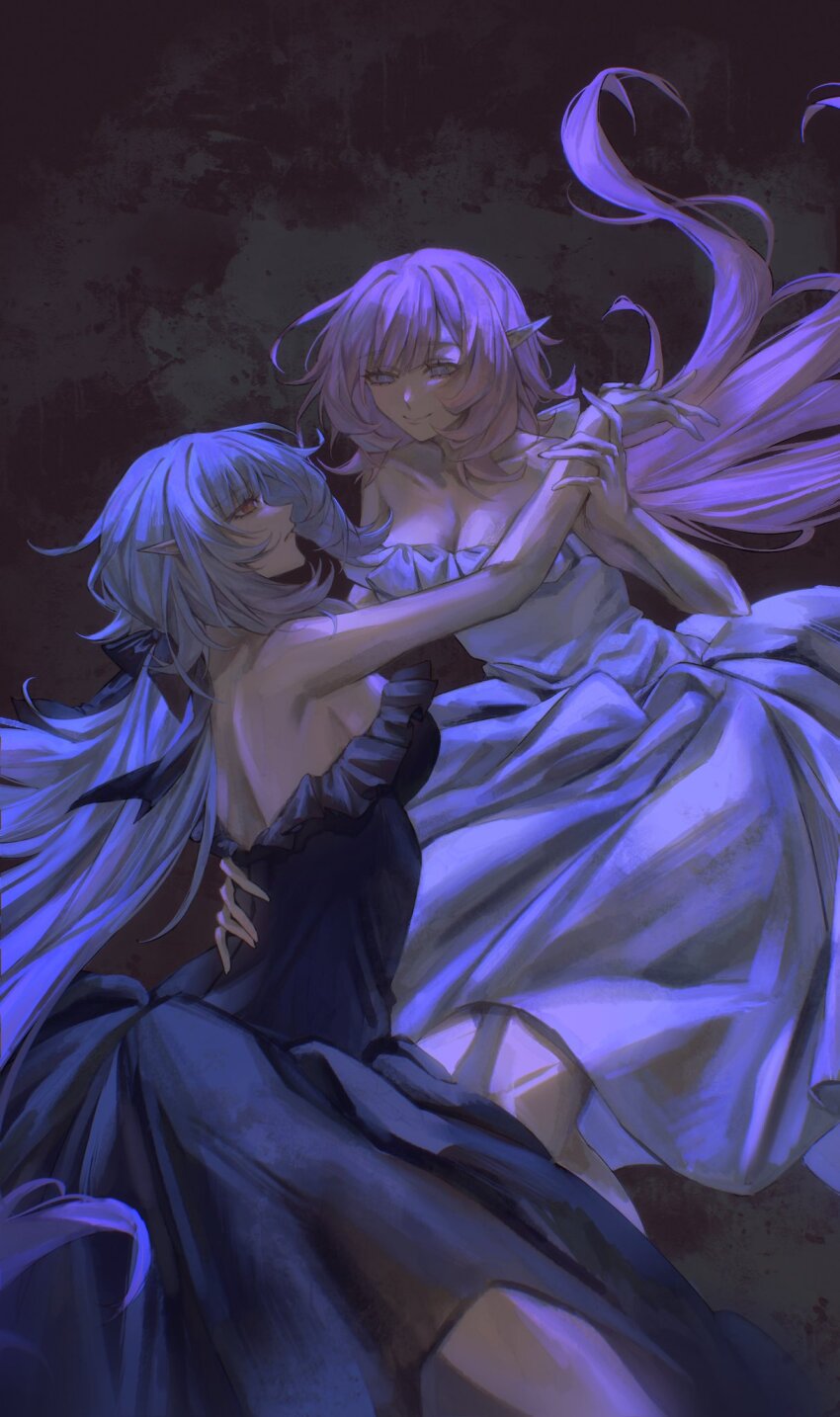 2girls, alternate_costume, black_background, blue_dress, blue_eyes, blue_hair, breasts, cleavage, dancing, dress, elf, elysia_(honkai_impact), hand_on_another's_back, hashtag-only_commentary, herrscher_of_corruption, highres, honkai_(series), honkai_impact_3rd, large_breasts, long_hair, multiple_girls, n_7, pink_hair, pointy_ears, smile, white_dress, yuri